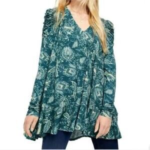 FREE PEOPLE Hello Lover Blue Green Tunic Top Shoulder Long Sleeves V-Neck Small